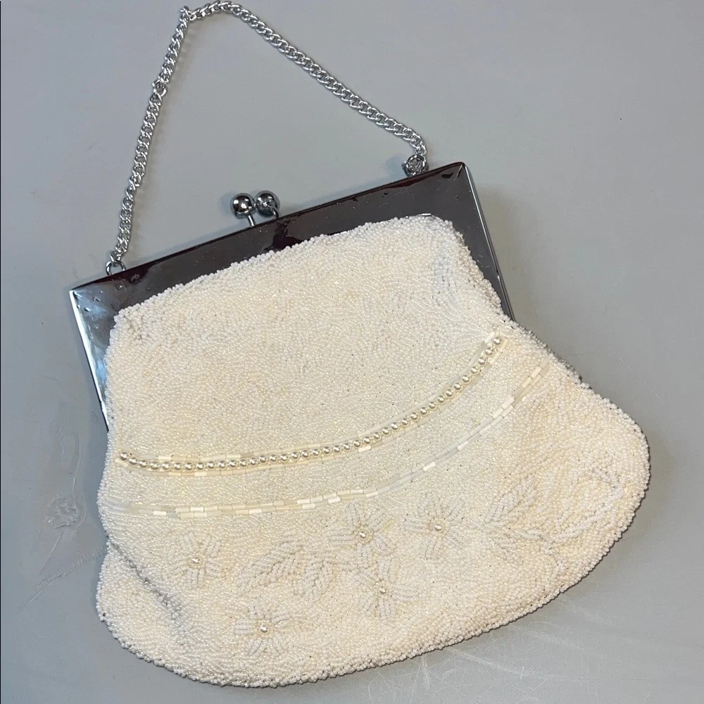 Vintage Bridal Chic Cream Beaded Clutch with Silver Accents Seed Pearls